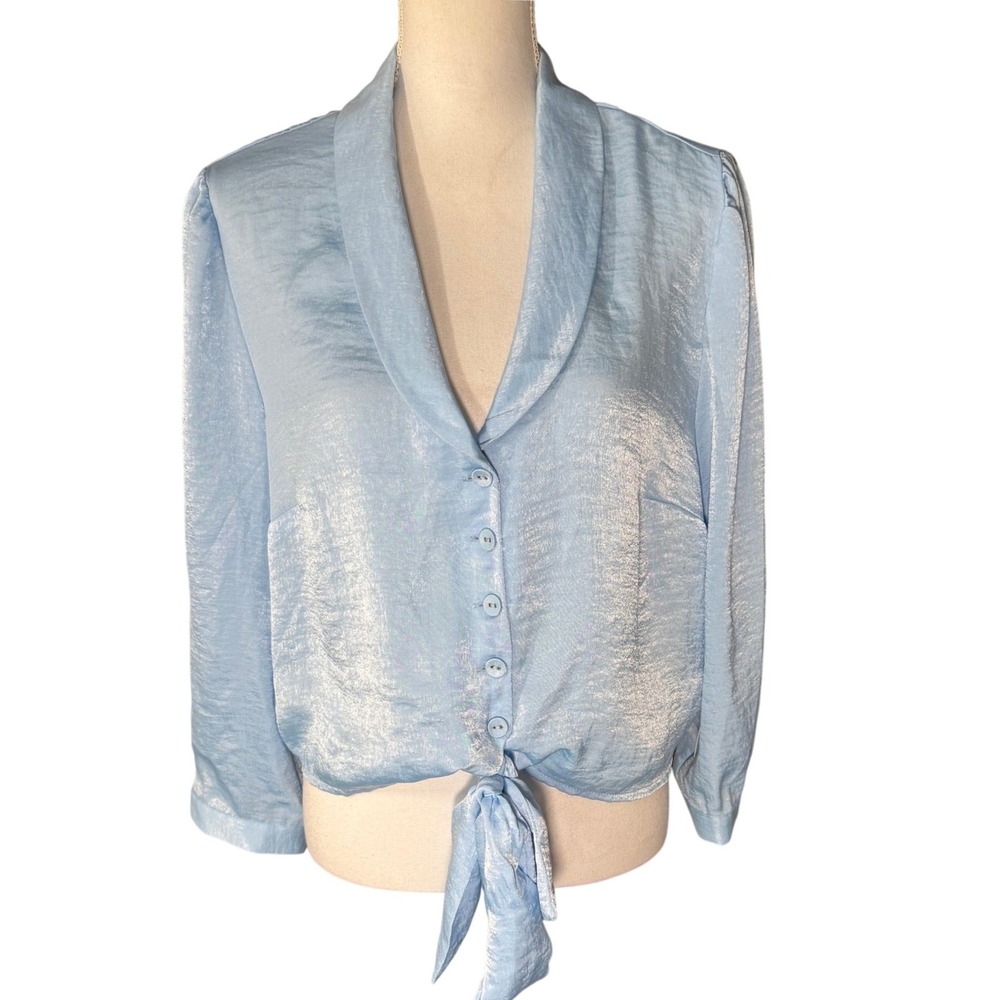Laundry by Shelli‎ Segal Blue Bell Shimmer Satin Tie Front Blouse Size XL NWT